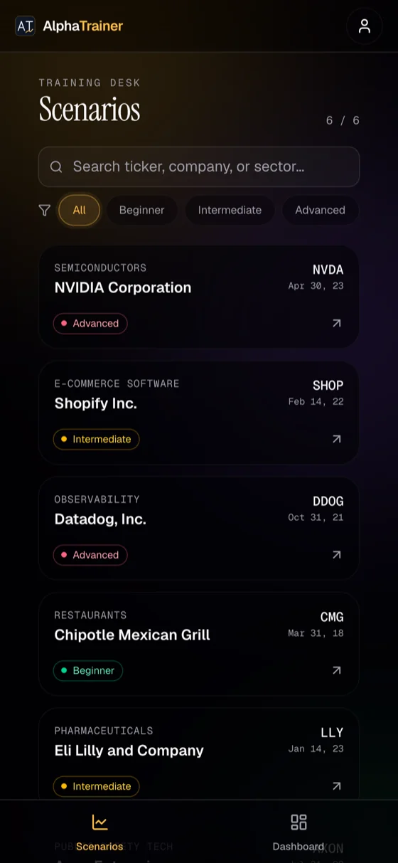 AlphaTrainer training desk: a scenario list showing companies with sector labels, historical cutoff dates and difficulty pills